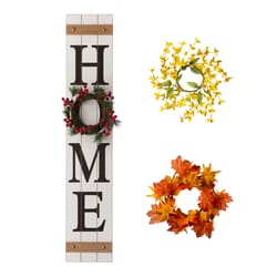 Glitzhome Multicolored Home with 3 Interchangeable Floral Wreaths Porch Sign 42 in.