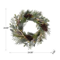 Glitzhome 24 in. D LED Warm White Flocked Pinecone and Antler Wreath