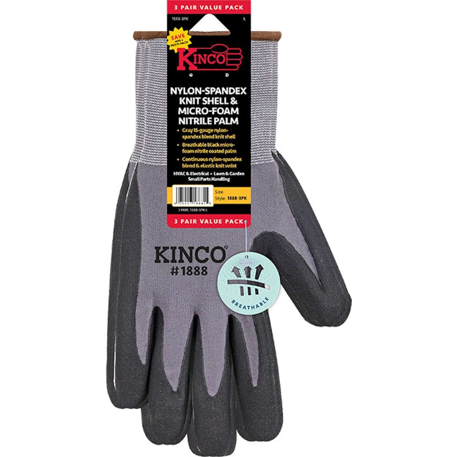 Kinco Men's Indoor/Outdoor Palm Gloves Gray L 3 pair Ace Hardware