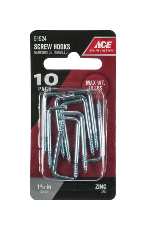Ace Small Zinc-Plated Silver Steel 1.375 in. L Square Bend Screw Hook 10 lb  10 pk - Ace Hardware