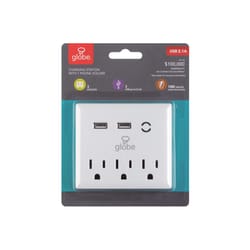 Globe Electric Non-Grounded 3 outlets Wall Tap with USB Port Surge Protection 1 pk