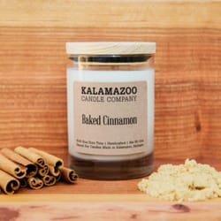 Kalamazoo Candle Company Clear glass jar with white soy wax, wood lid Baked Cinnamon Scent Baked Cin