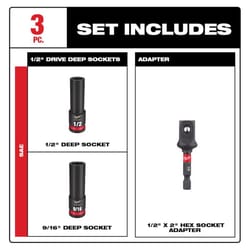 Milwaukee SHOCKWAVE 1/2 in. X 1/2 in. drive SAE 6 Point Impact Rated Deep Impact Socket Set 3 pc