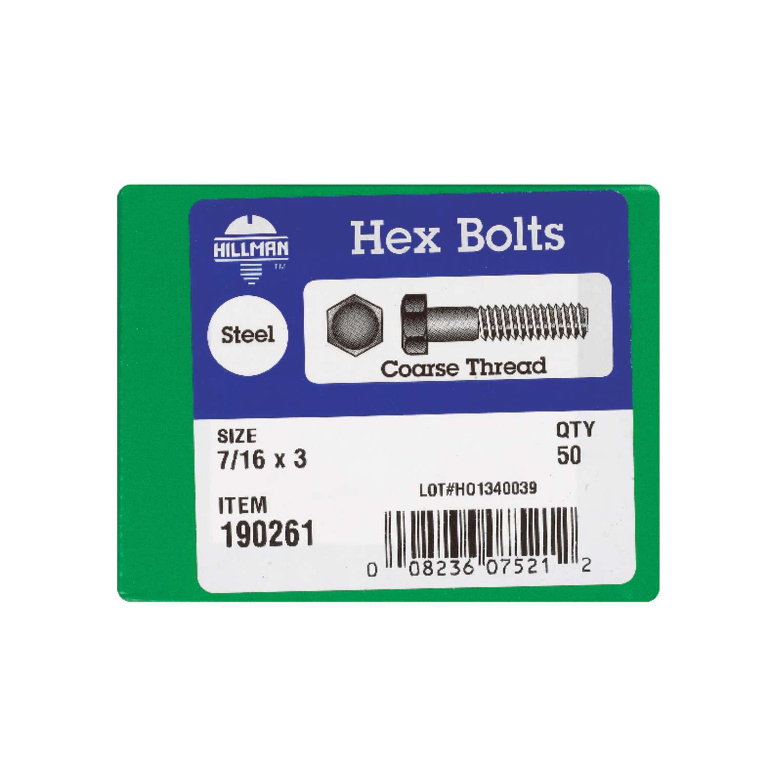 Hillman 7/16 in. D X 3 in. L Zinc Plated Steel Hex Bolt 50 pk
