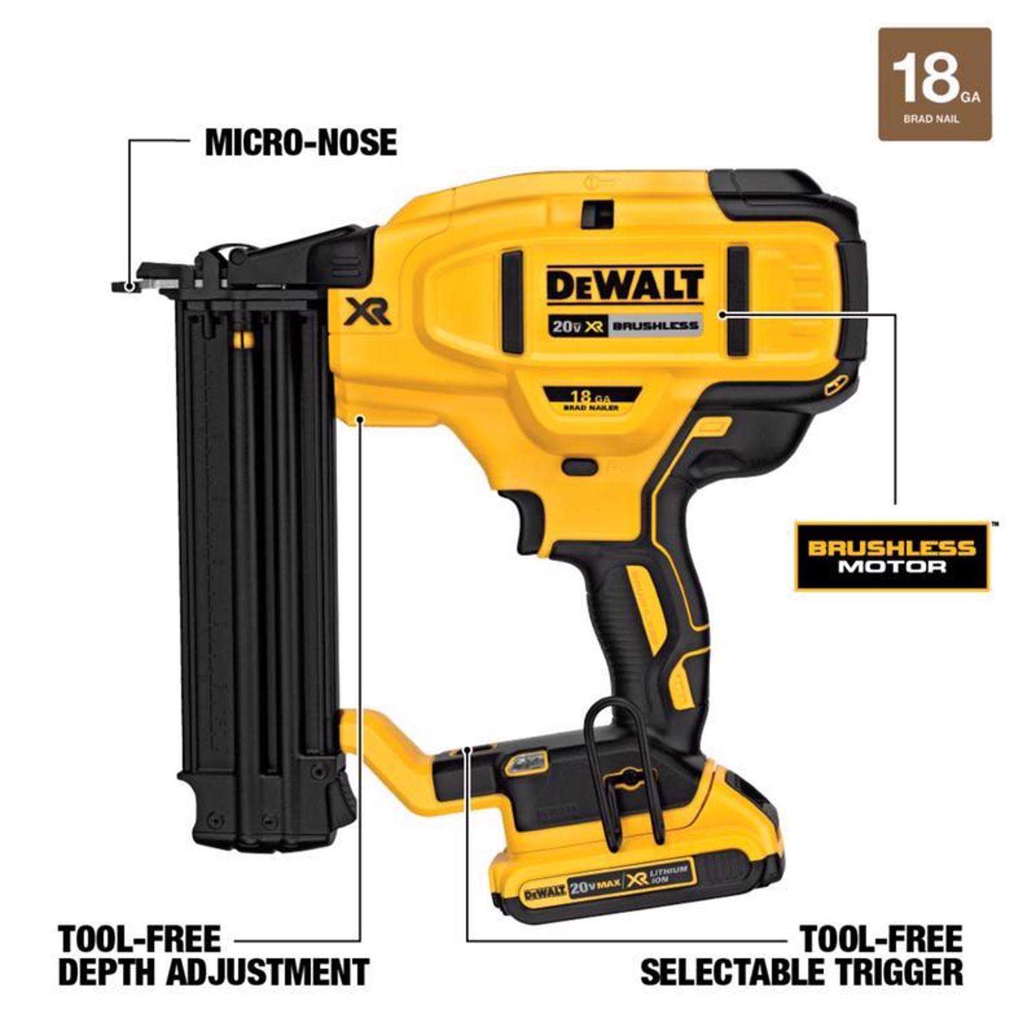 DeWalt 20V MAX XR 18 Ga. Cordless Brad Nailer Kit Battery Charger 20 V Mfr DCN680D1 Ace Hardware