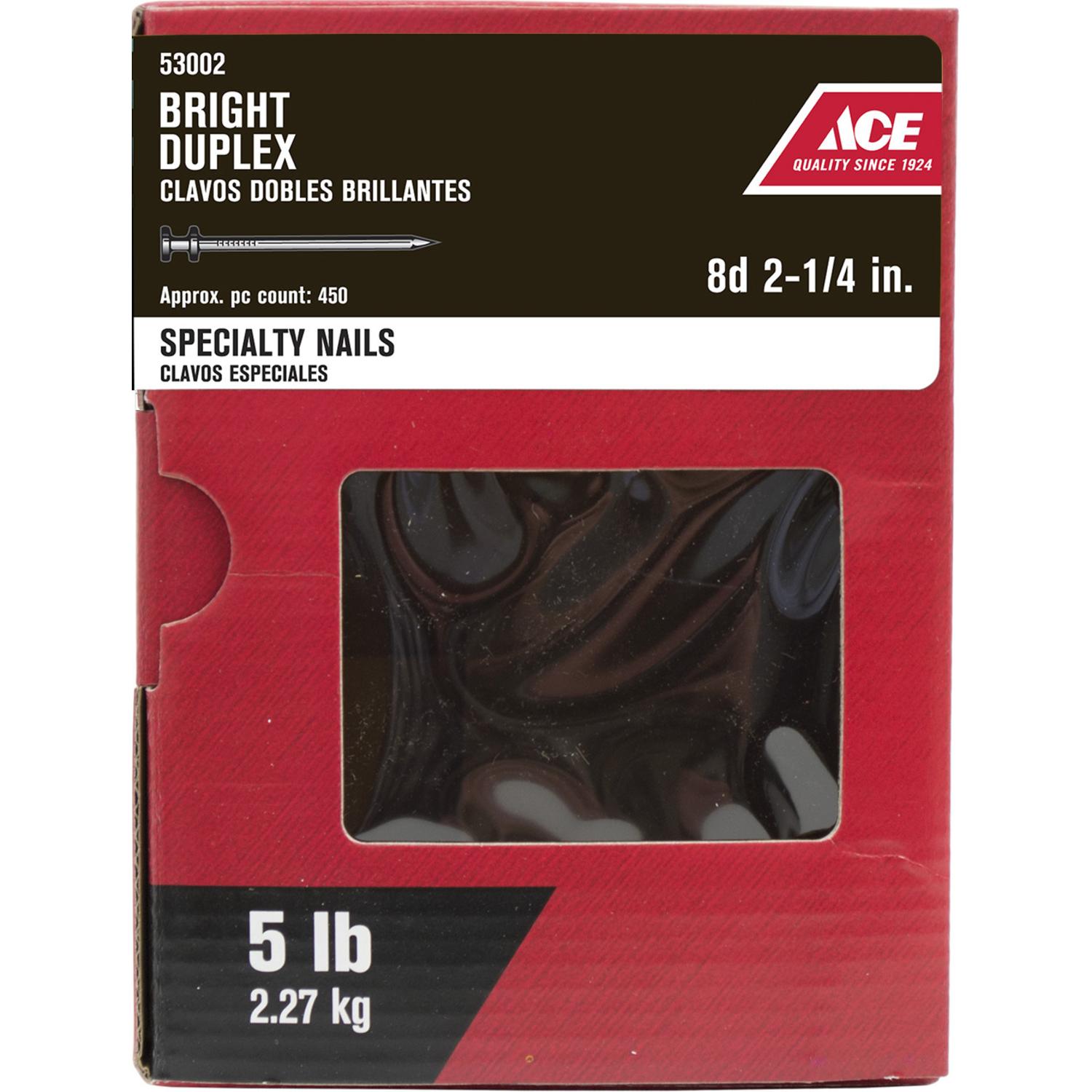Ace 8D 2-1/4 in. Duplex Bright Steel Nail Double Head 1 lb Ace 8D 2-1/4 in. Duplex Bright Steel Nail Double Head 1 lb
