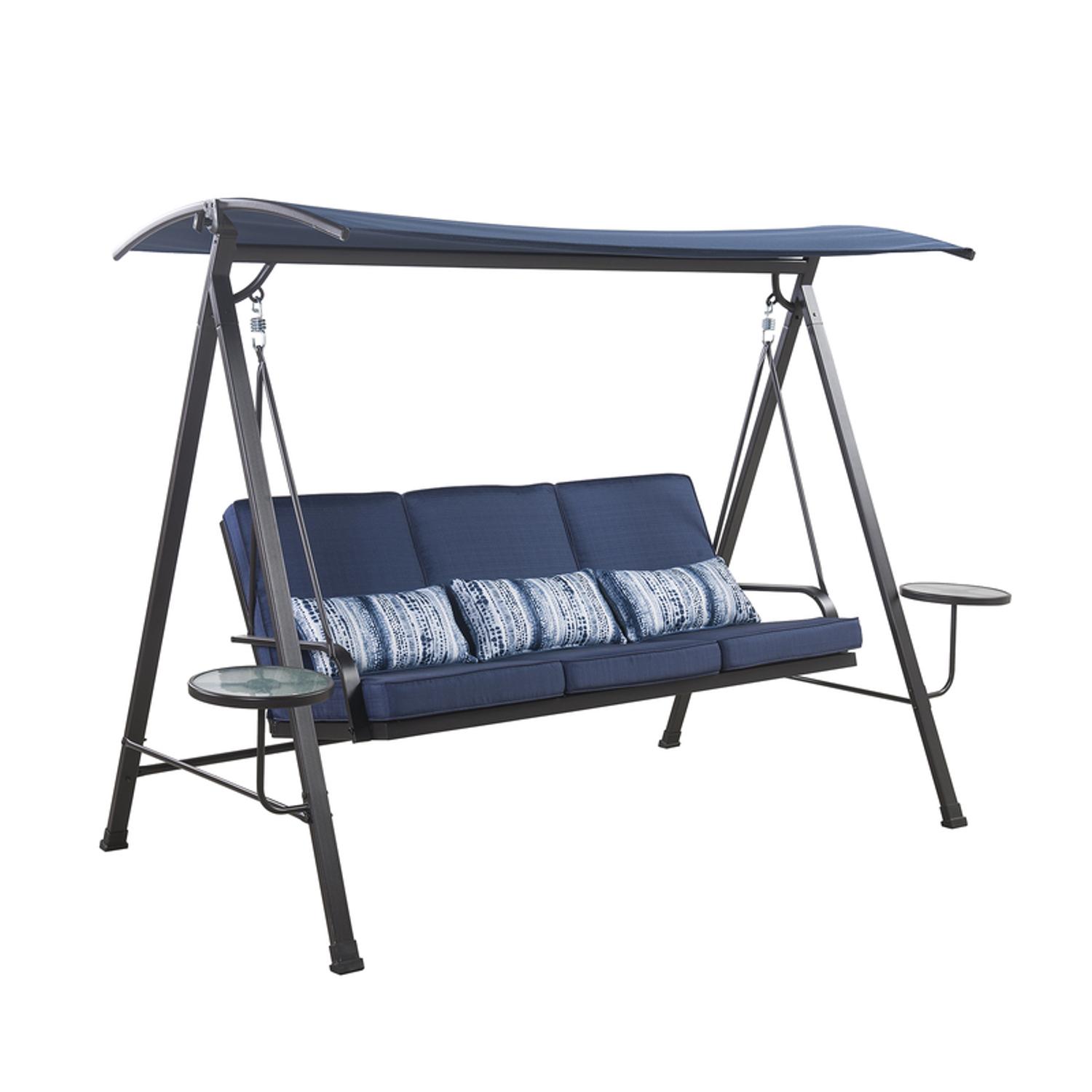 Living Accents 3 Person Black Steel Swing with Tables Blue Ace