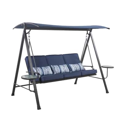 Living Accents 3 Person Black Steel Swing with Tables Blue