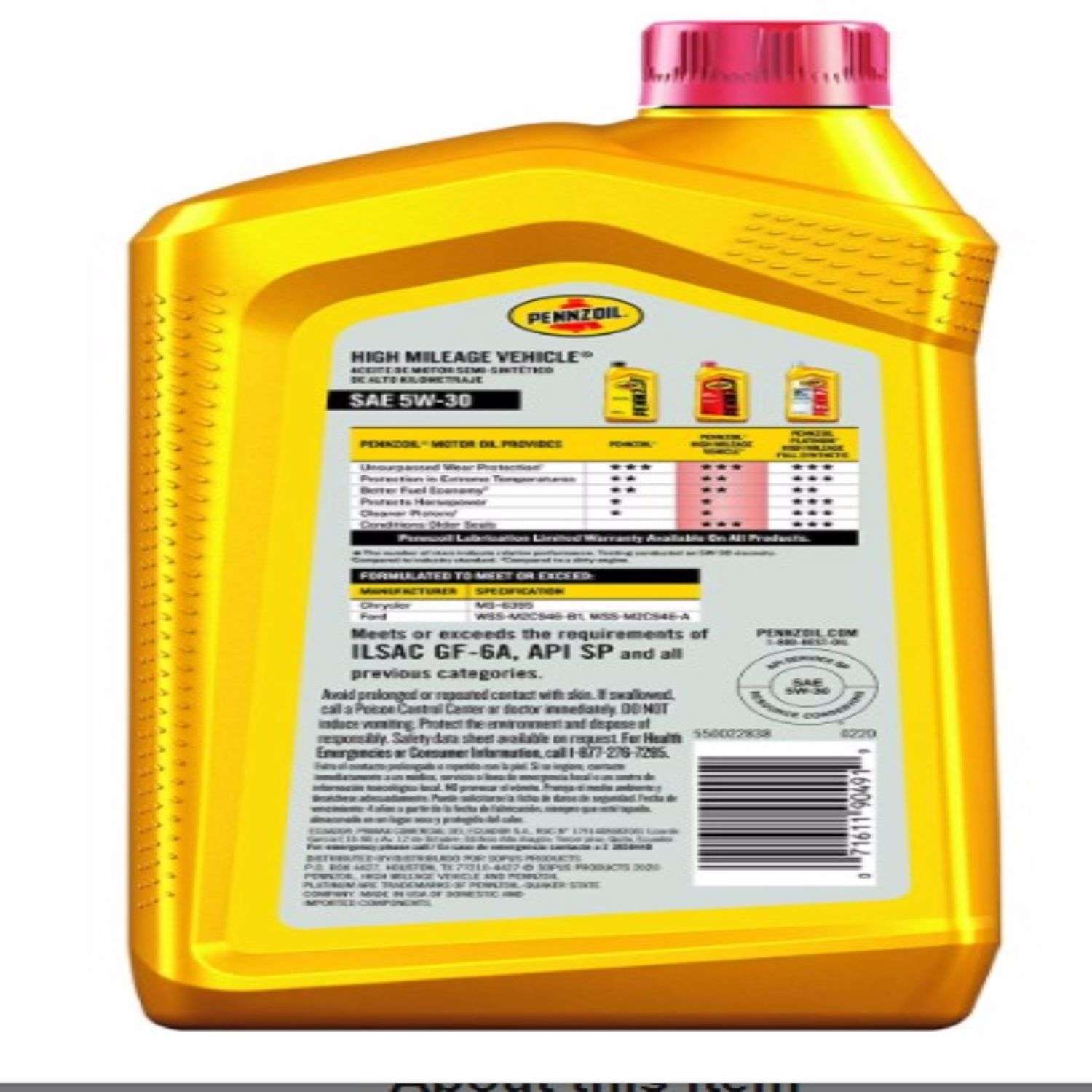 Aceite para motor 5w30 full synthetic pennzoil
