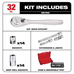 Milwaukee 3/8 in. drive Metric Mechanics Socket and Ratchet Set 32 pc