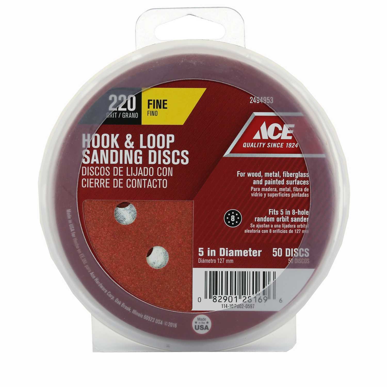 Ace Aluminum Oxide Hook and Loop Sanding Disc 220 Grit 50 pk 5 in