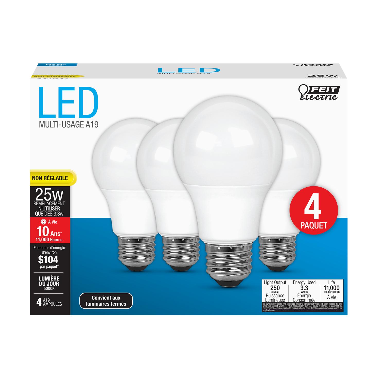 Feit A19 E26 (Medium) LED Bulb Daylight 25 Watt Equivalence 4 Pk - Ace ...