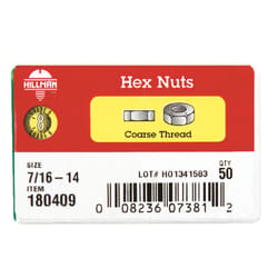 Hillman 7/16 in. Zinc Dichromate Steel USS Hex Nut 50 pk