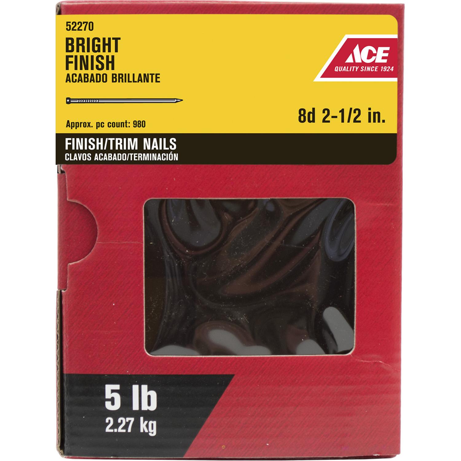 Ace 8D 2-1/2 in. Finishing Bright Steel Nail Countersunk Head 5 lb Ace 8D 2-1/2 in. Finishing Bright Steel Nail Countersunk Head 5 lb