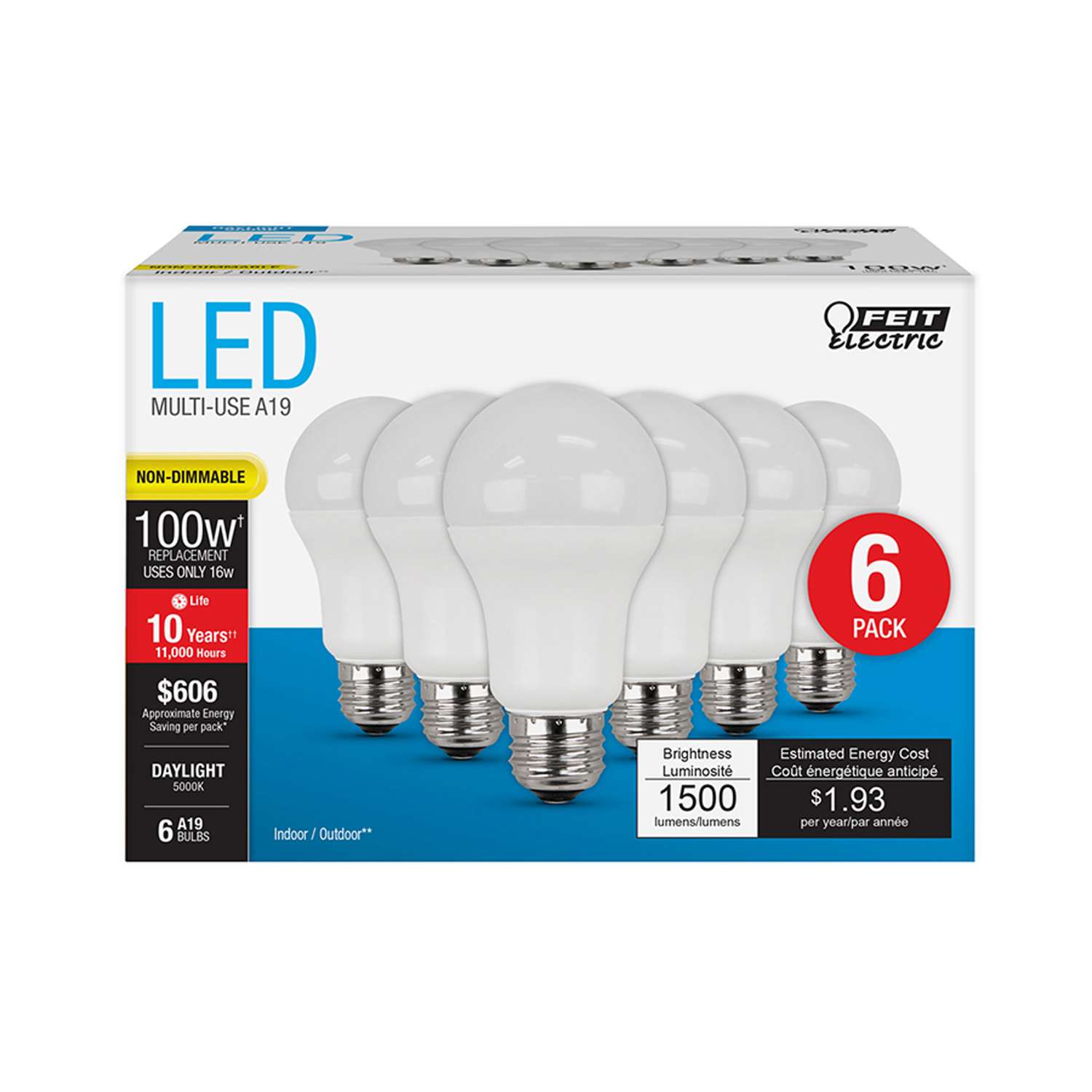 Feit Electric A19 E26 Medium Led Bulb Daylight 100 Watt Equivalence 6 Pk Ace Hardware