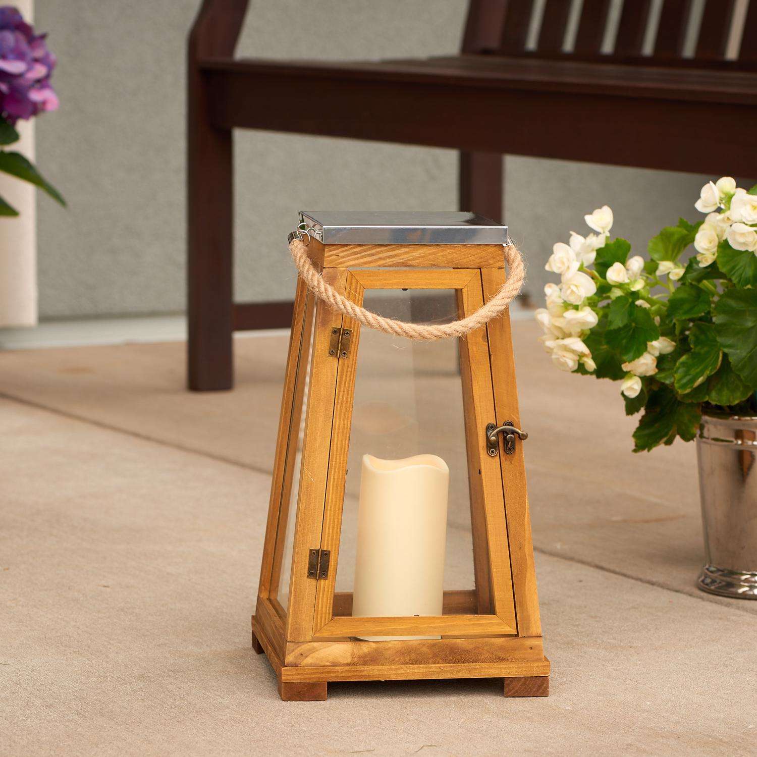 Better Homes & Gardens Decorative Natural Wood and Glass Battery Operated  Outdoor Lantern with Removable LED Candle 15inH 