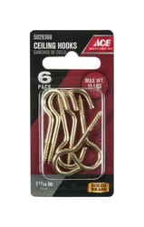 Ace Small Polished Brass Gold Brass 1.6875 in. L Ceiling Hook 15 lb 6 pk