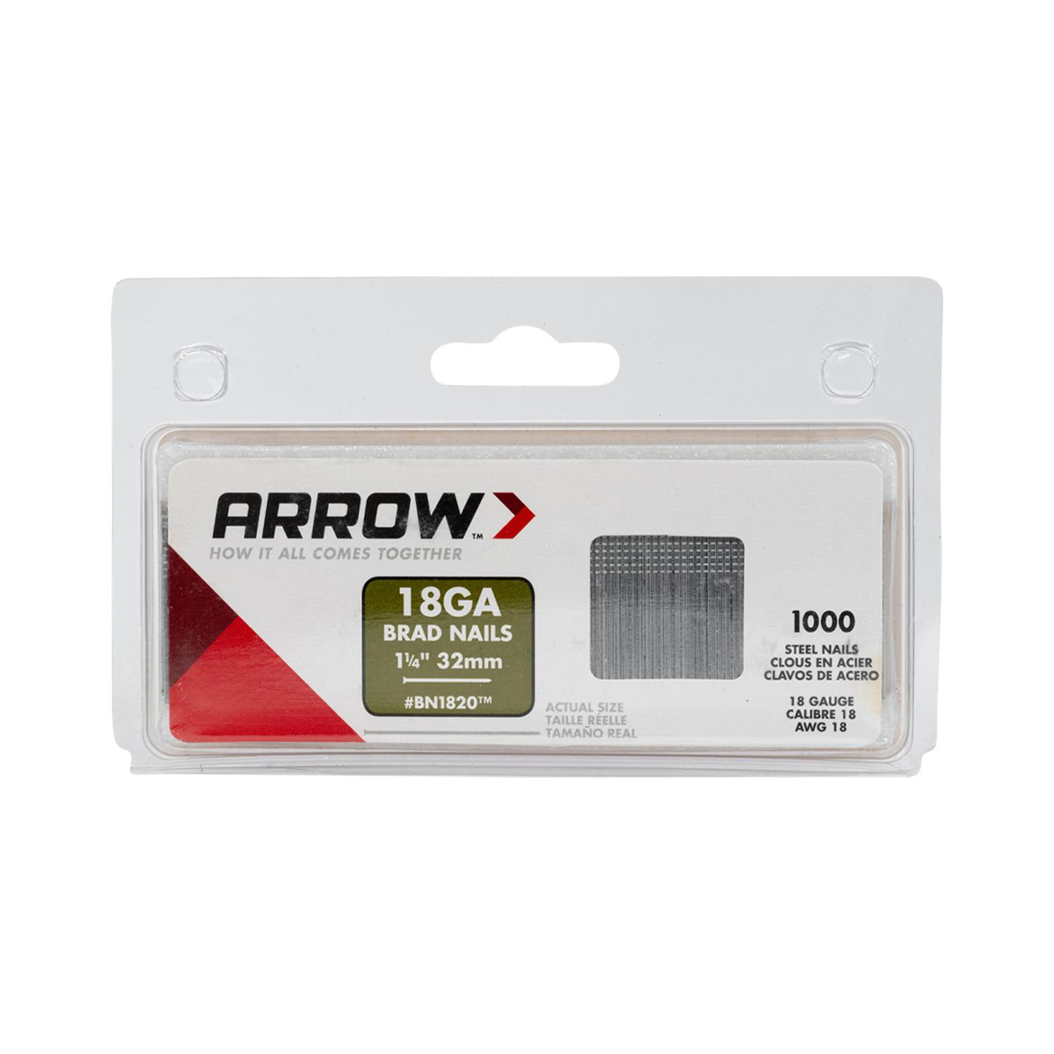 Arrow BN18 18 Ga. X 1-1/4 in. L Galvanized Steel Brad Nails 1000 pk 0.65 lb Arrow BN18 18 Ga. X 1-1/4 in. L Galvanized Steel Brad Nails 1000 pk 0.65 lb