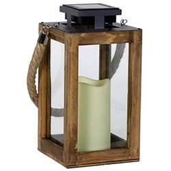 Exhart 11 in. Solar Power Glass/Wood Solar Lantern with Candle Black/Brown