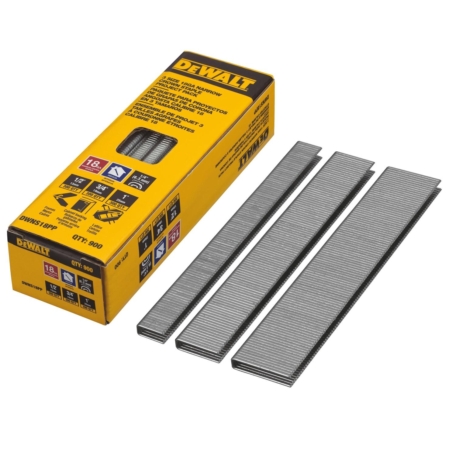 DeWalt 1/4 in. W X Assorted in. L Bright Steel Finish Staples 18 Ga. 900 pk