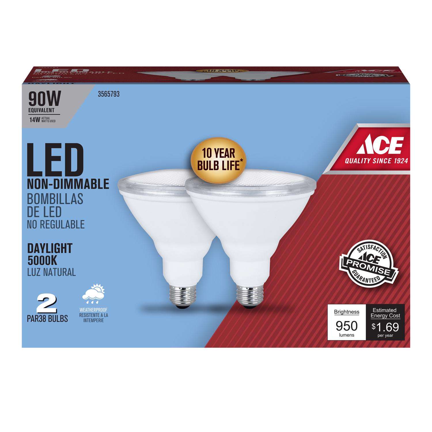 Ace PAR38 E26 (Medium) LED Bulb Daylight 90 Watt Equivalence 2 pk Ace Hardware