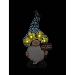 Luxe Light Decor Multicolored Polyresin 18 in. H Gnome w/Blue Multi Flower Hat and Sign Statue
