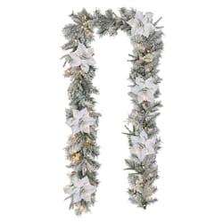 Glitzhome 9.75 in. D X 9 ft. L LED Prelit Warm White Snow Flocked Pine Poinsettia Garland