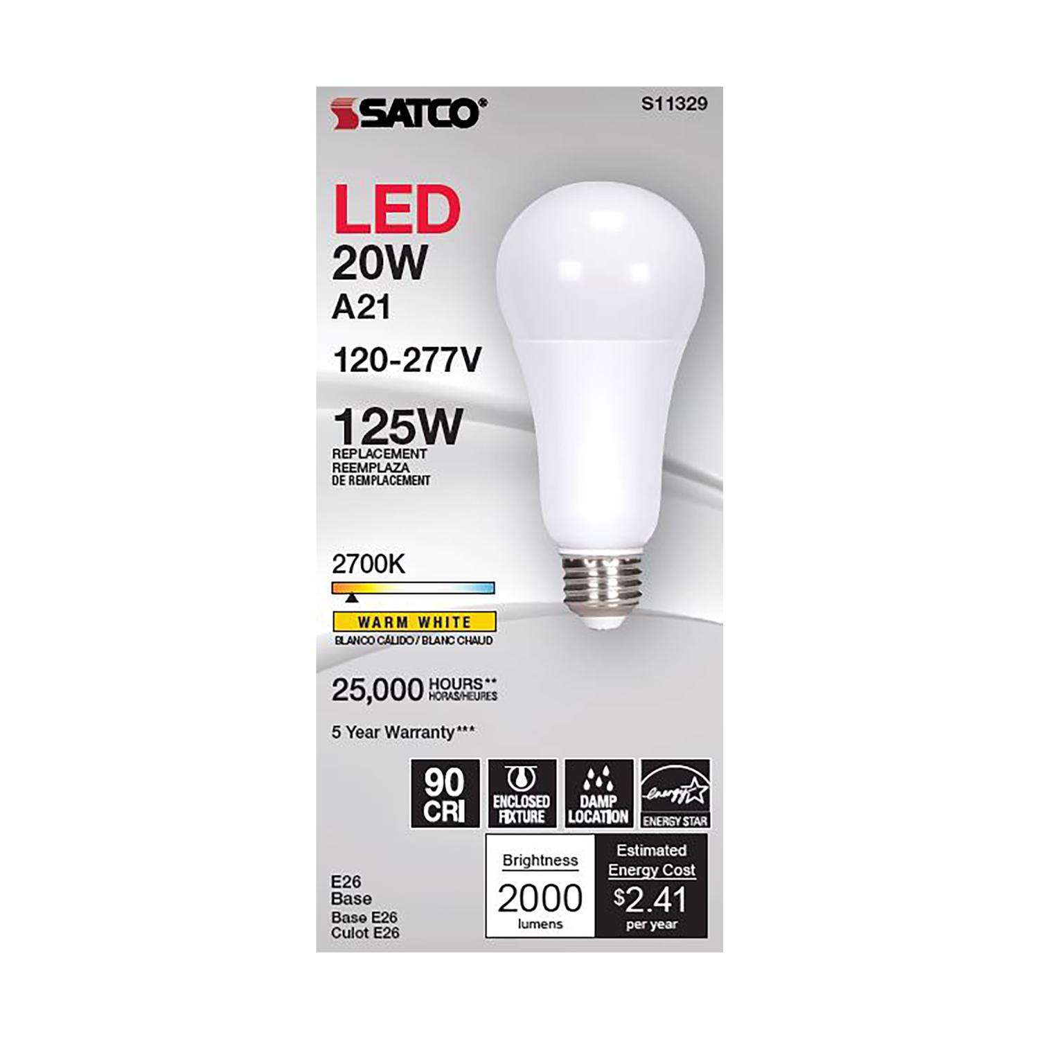 Satco A21 E26 (Medium) Filament LED Bulb Warm White 125 Watt ...