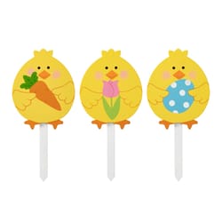 Glitzhome Easter Chick Pick Yard Stake MDF/Solid Wood 3 pc