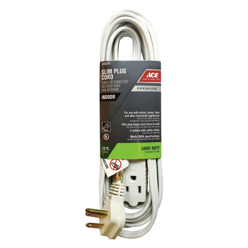Ace Indoor 12 ft. L White Extension Cord 16/3 STP3 Ace