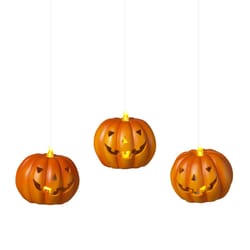 Gerson 4.5 in. Set of 3 Lighted Resin Halloween Pumpkins with Remote Hanging Decor