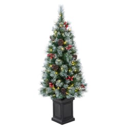 Glitzhome 4 ft. Slim LED 80 ct Pinecones and Red Berries Porch Bush