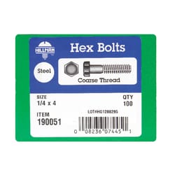 HILLMAN 1/4 in. D X 4 in. L Zinc Plated Steel Hex Bolt 100 pk