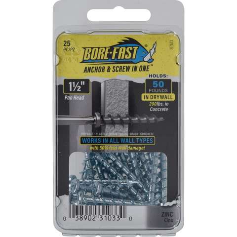 Bore-Fast 3/16 in. D X 1-1/2 in. L Steel Pan Head Screw and Anchor 25 ...