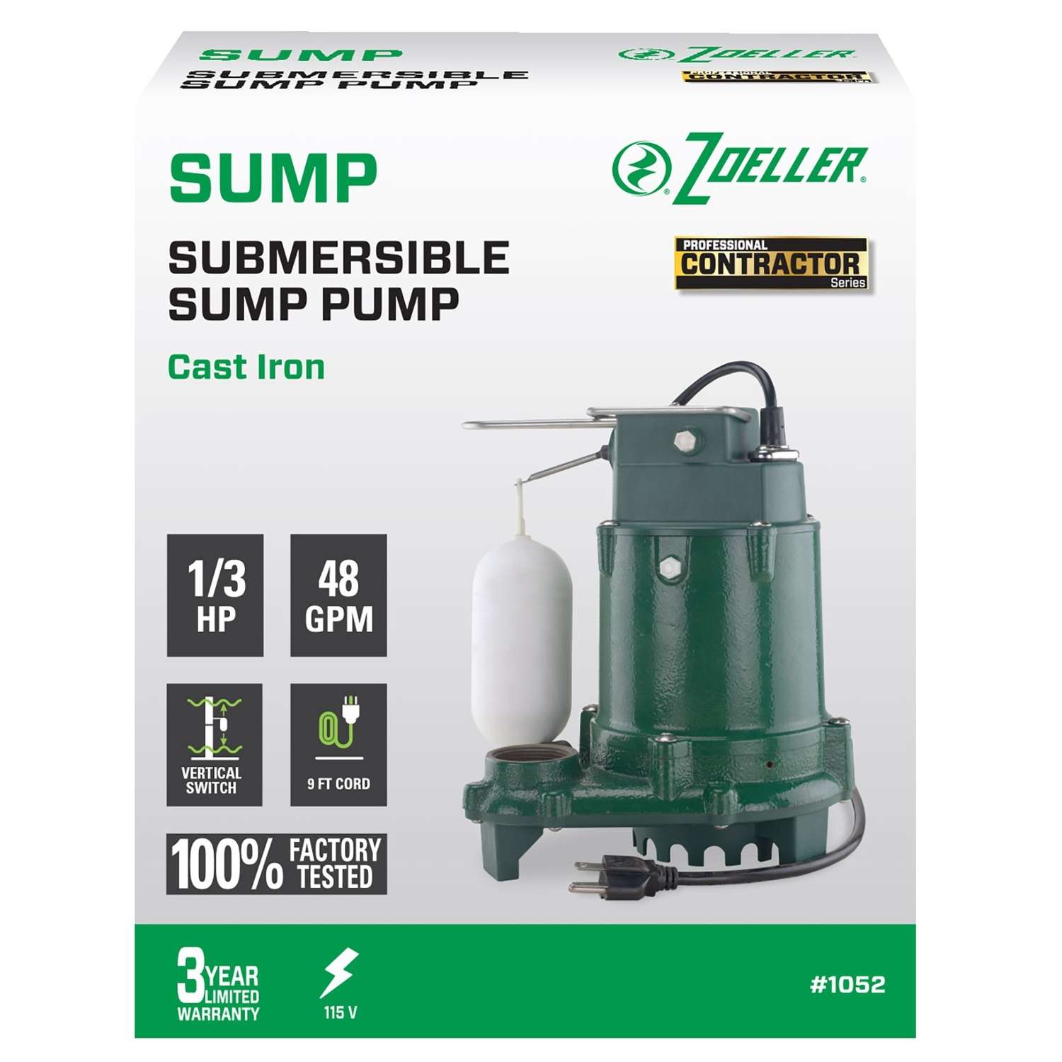 Zoeller 1/3 hp 2880 gph Cast Iron Vertical Float Switch AC Bottom Suction Submersible Sump Pump