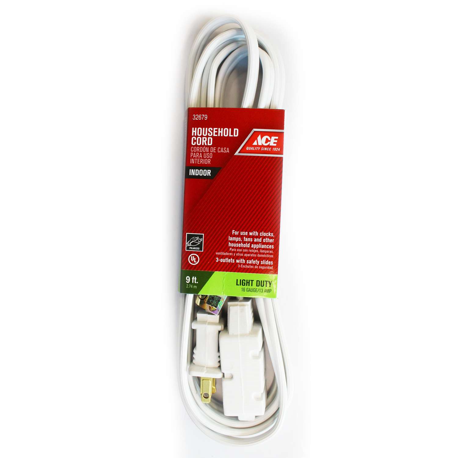 Ace Indoor 9 ft. L White Extension Cord 16/2 SPT2 Ace Hardware