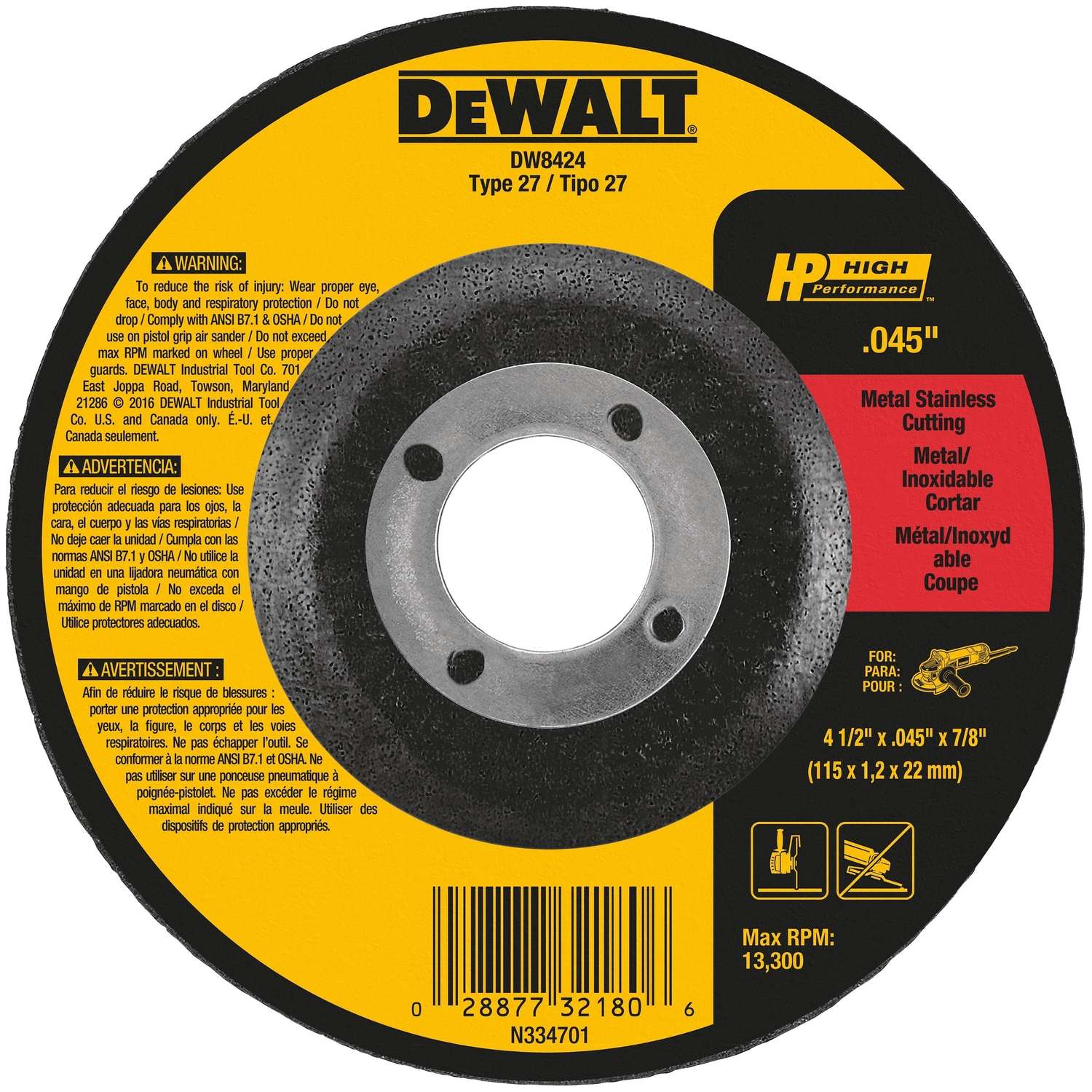 DeWalt High Performance 41/2 in. Dia. x 7/8 in. Aluminum Oxide CutOff
