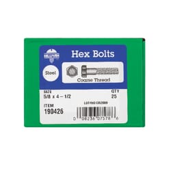 HILLMAN 5/8 in. D X 4-1/2 in. L Zinc Plated Steel Hex Bolt 25 pk