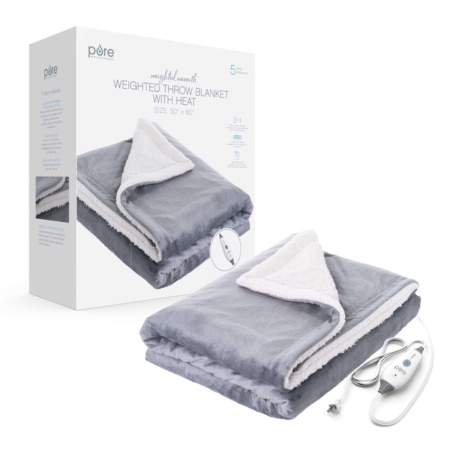 Pure Enrichment Weighted Warmth Heated Blanket 4 settings Gray 50 in. W