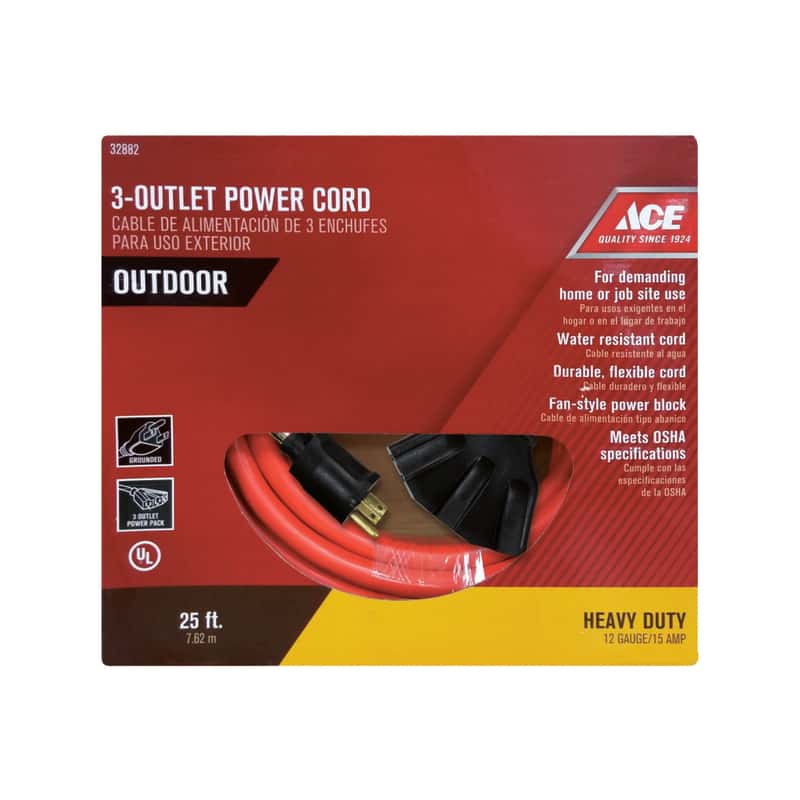 Ace Indoor or Outdoor 25 ft. L Orange Triple Outlet Cord 12/3 STW Ace