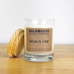 Kalamazoo Candle Company Clear glass jar with white soy wax, wood lid Balsam & Cedar Scent Balsam &