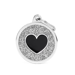 MyFamily Shine Black/Gray Glitter Circle Heart Metal Dog Pet Tags Large