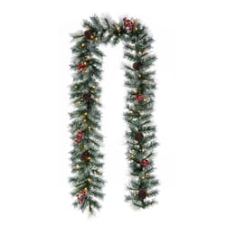 Glitzhome 9.75 in. D X 9 ft. L LED Prelit Warm White Pine Cones and Red Berries Garland