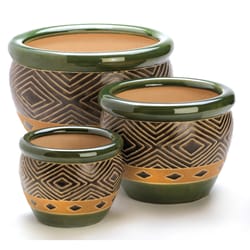 Summerfield Terrace Green Trim Ceramic 3 Assorted Size Round Planter Set Brown/Copper