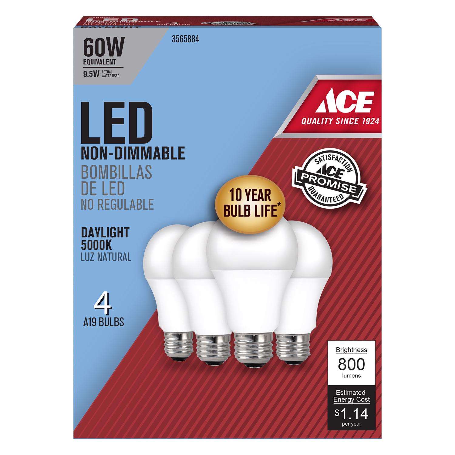 Ace A19 E26 (Medium) LED Bulb Daylight 60 Watt Equivalence 4 pk Ace
