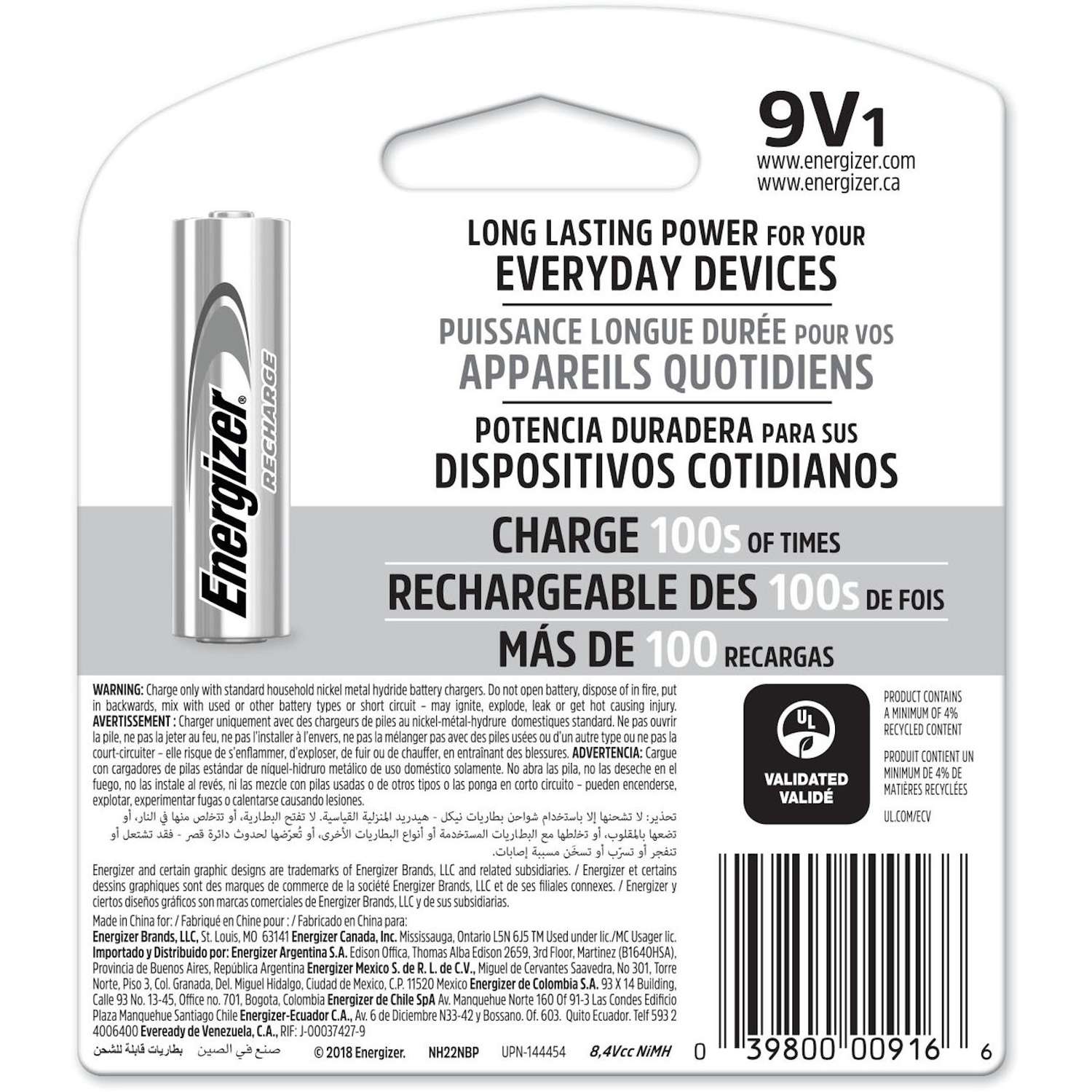 Energizer 9V Batteries, Pre-Charged 9 Volt Rechargeable Batteries, 1 Count