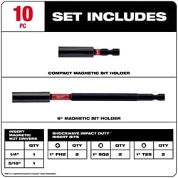 Milwaukee Shockwave Phillips/Square Recess/Torx Impact Insert Bit and Bit Holder Set Steel 10 pc