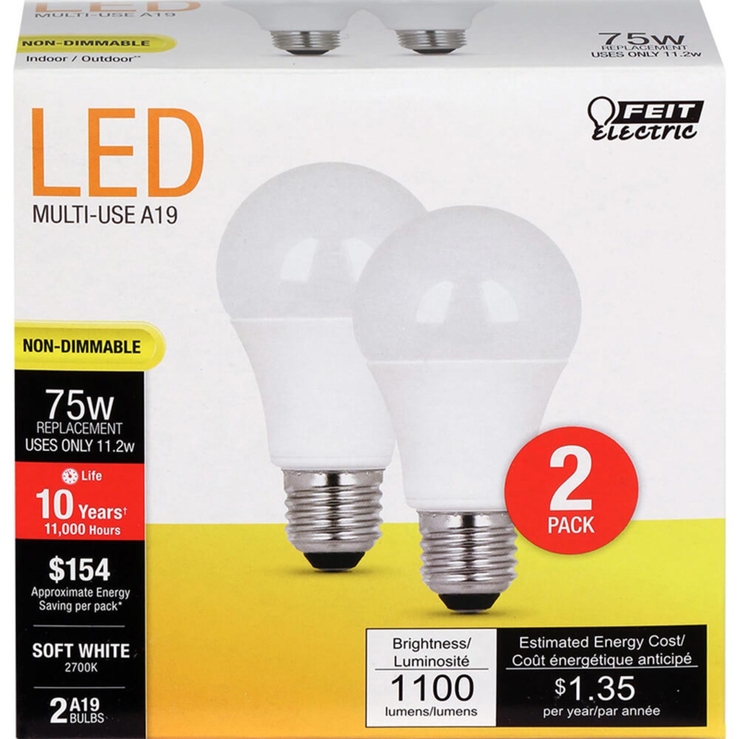 A1100/827/10K2 Feit Electric A19 E26 (Medium) LED Bulb Soft White sku A1100/827/10K2