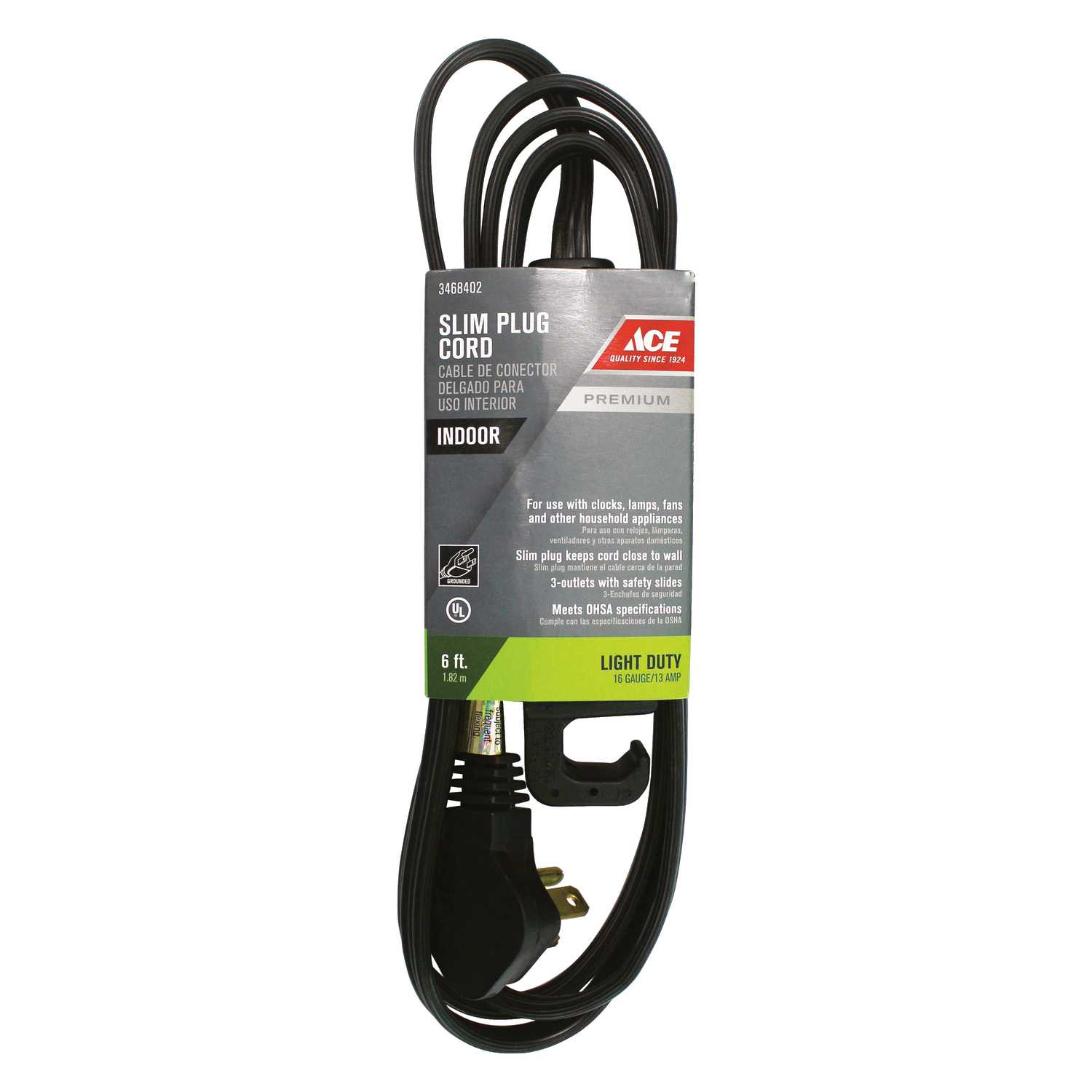 Ace Indoor 6 ft. L Black Extension Cord 16/3 STP-3 - Ace Hardware