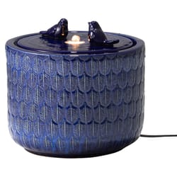 Glitzhome Ceramic Blue 13.5 in. H Two Birds Embossed Leaf Pattern Cylindrical Fountain